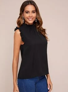 SHEIN Clasi Mock-neck Frill Trim Sleeveless Top - Black - View 5