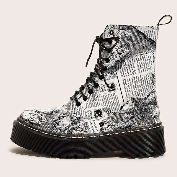 

Letter Graphic Lace-up Front Combat Boots, Black and white