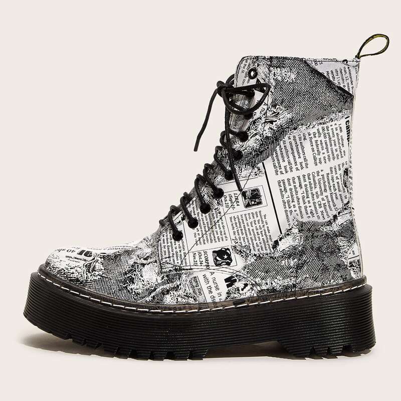

Letter Graphic Lace-up Front Combat Boots, Black and white