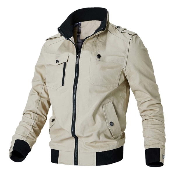 

Men Contrast Rib-knit Trim Flap Pocket Jacket, Beige
