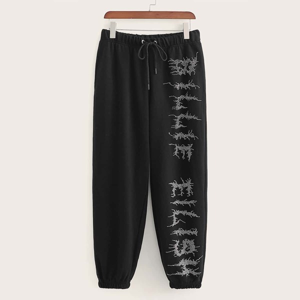 

Rhinestone Beaded Drawstring Waist Sweatpants, Black
