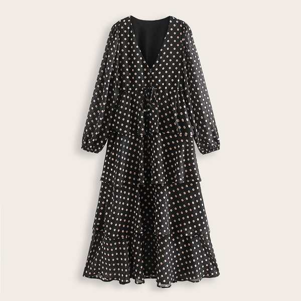 

Drawstring Waist Polka Dot Layered Ruffle Hem Dress, Black