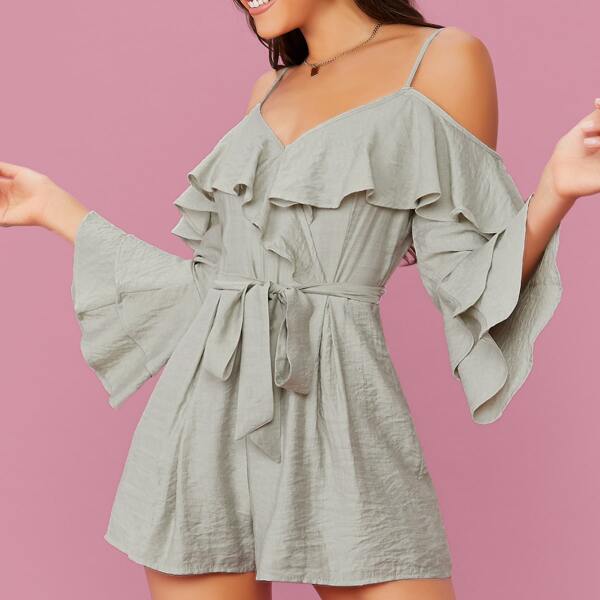 Cold Shoulder Ruffle Detail Long Sleeve Romper, Green pastel