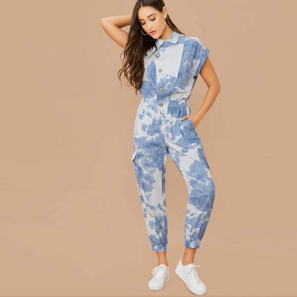 

Short Sleeve Tie Dye Linen Coverall Jumpsuit, Multicolor