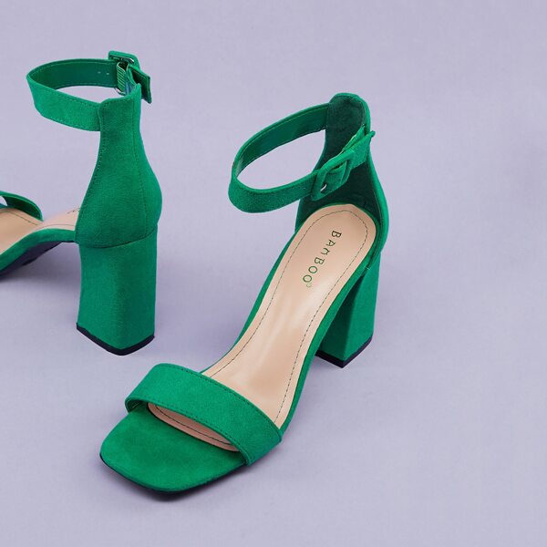 

Square Open Toe Buckled Ankle Block Heel Sandals, Green