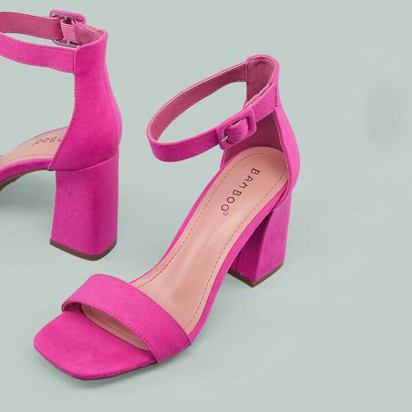 

Buckled Ankle Square Open Toe Chunky Heel Sandals, Pink bright
