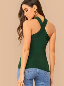 SHEIN BAE Solid Fitted Halter Top - Dark Green - View 2