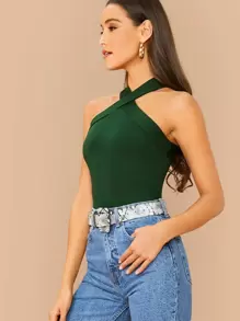 SHEIN BAE Solid Fitted Halter Top - Dark Green - View 3
