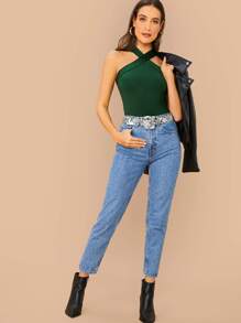 SHEIN BAE Solid Fitted Halter Top - Dark Green - View 5