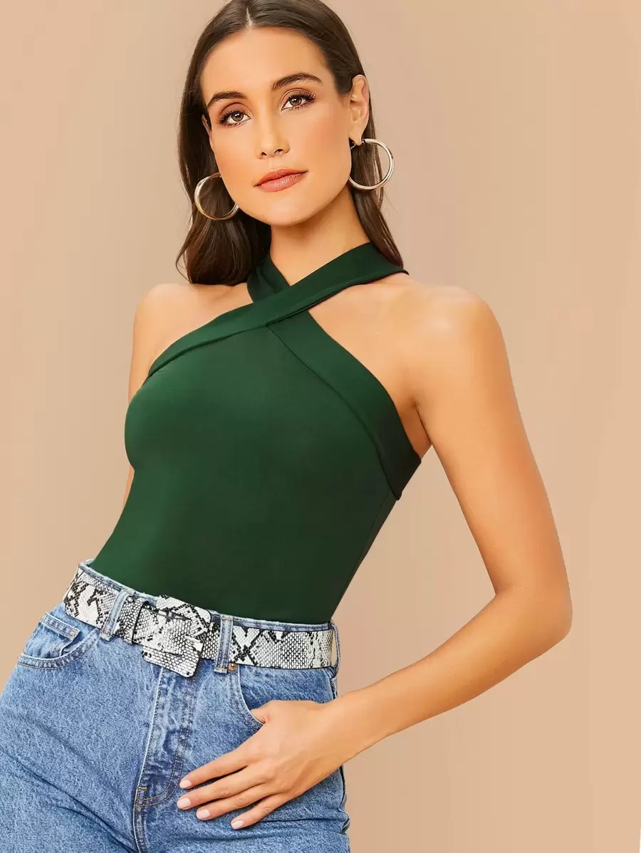 SHEIN BAE Solid Fitted Halter Top - Dark Green - View 1