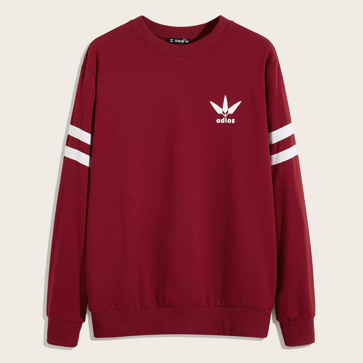 

Guys Letter Graphic Striped Sleeve Pullover, Burgundy