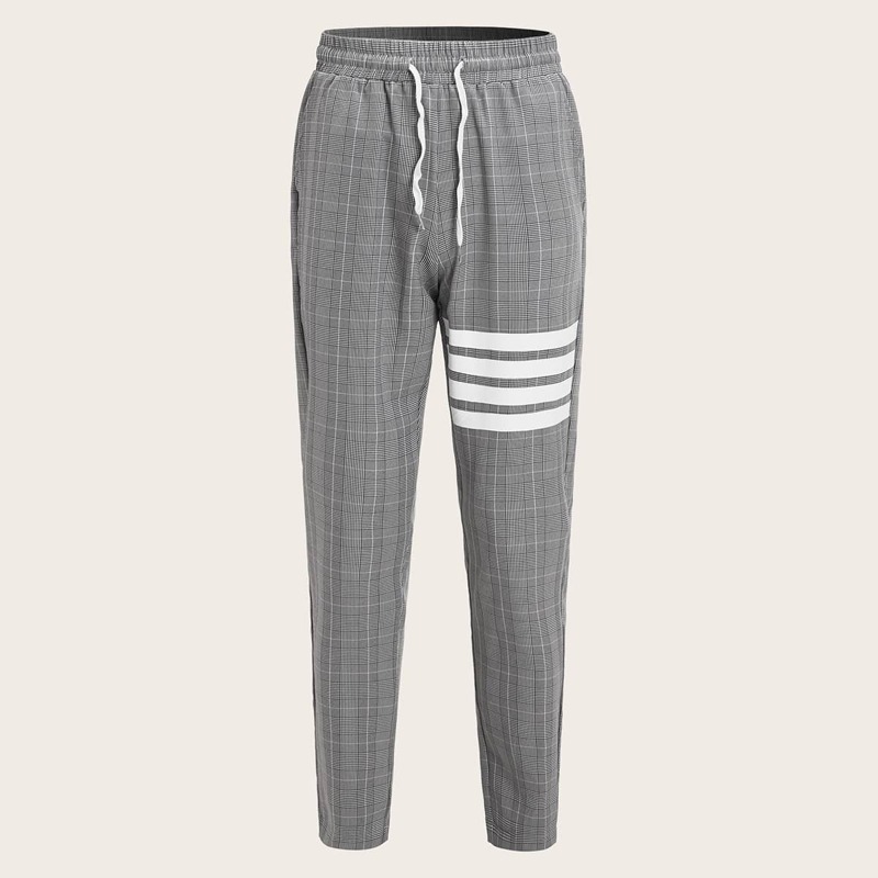 

Guys Drawstring Waist Striped Plaid Pants, Grey