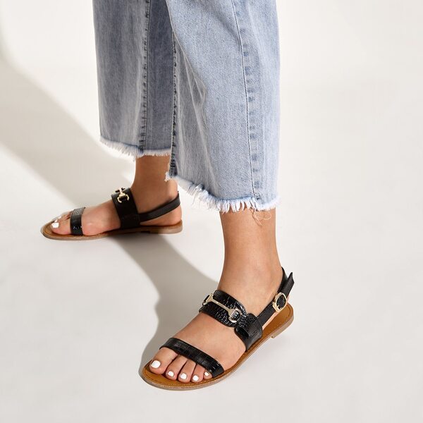 

Metal Decor Croc Embossed Ankle Strap Sandals, Black