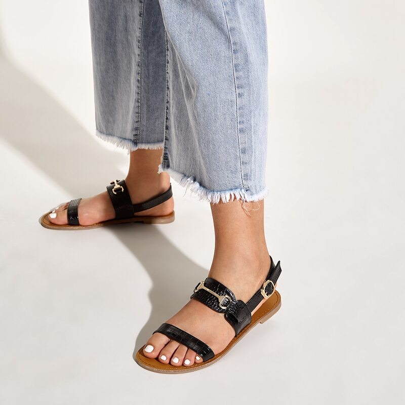 

Metal Decor Croc Embossed Ankle Strap Sandals, Black