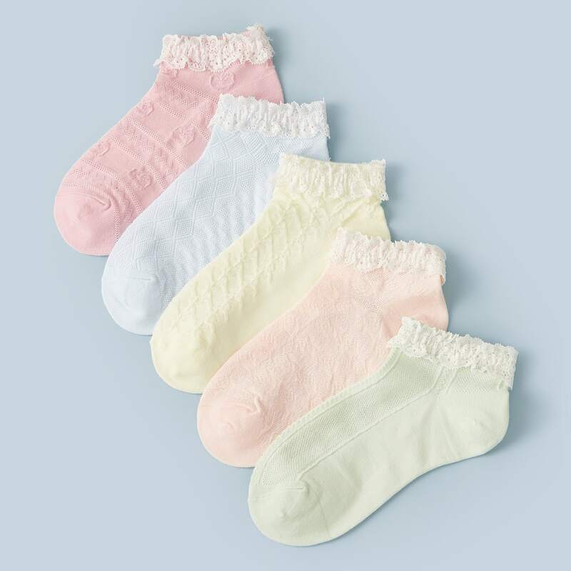 

5pairs Lace Trim Solid Socks, Multicolor