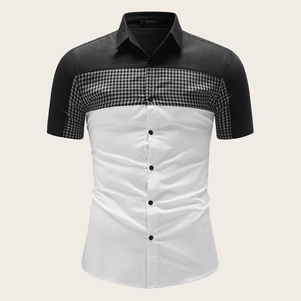 

Men Curved Hem Plaid Colorblock Shirt, Black and white