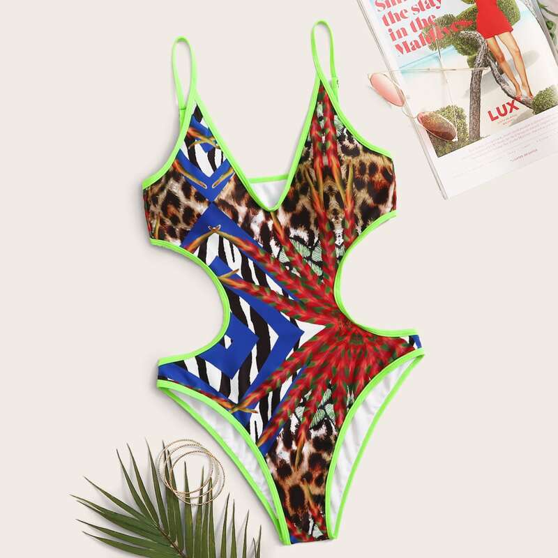 

Mixed Print Contrast Binding One Piece Swimwear, Multicolor