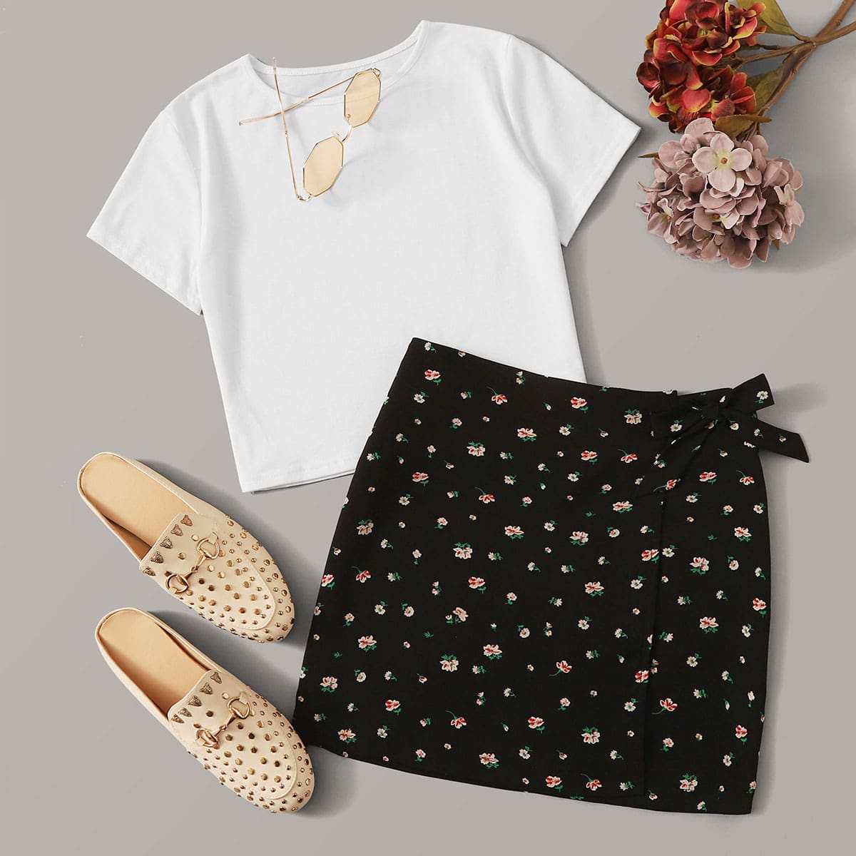 

White Tee & Ditsy Floral Wrap Skirt, Multicolor