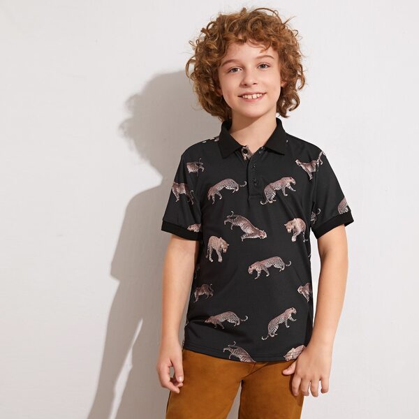 

Boys Leopard Print Polo Shirt, Black
