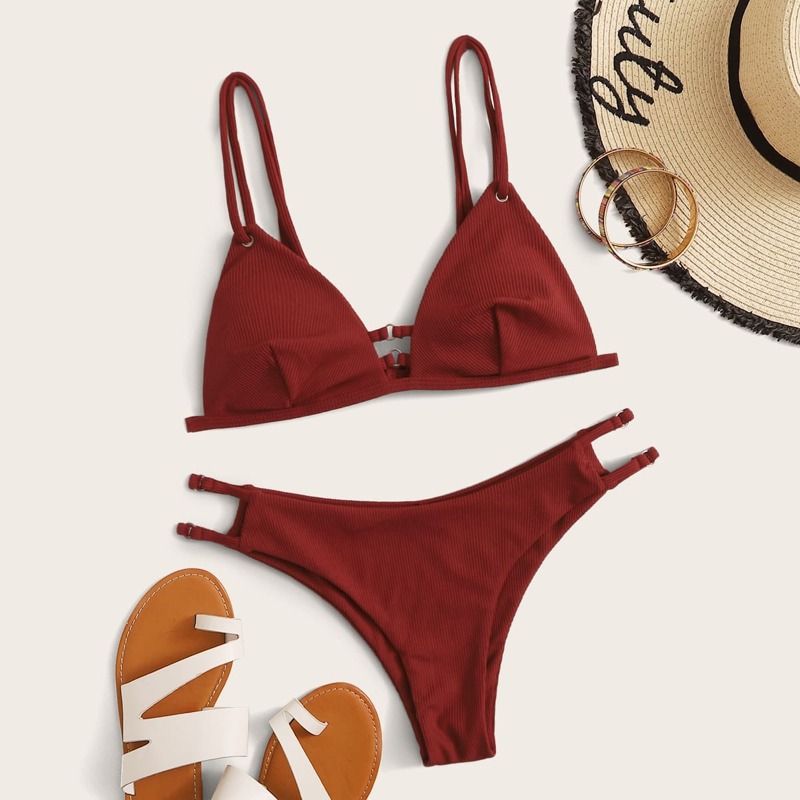 

Ribbed Triangle Top With Ring Linked Bikini Set, Red