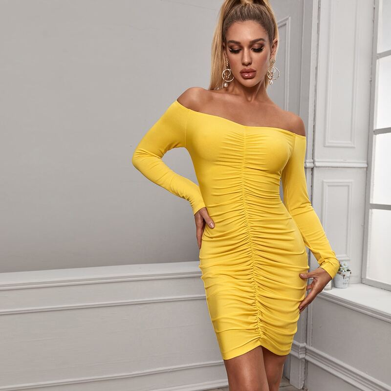

Off Shoulder Ruched Bodycon Dress, Yellow bright