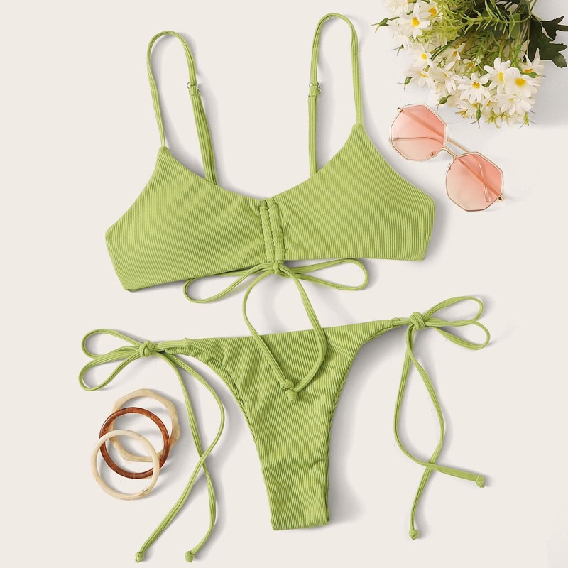 

Ribbed Drawstring Top With Tie Side Bikini Set, Green