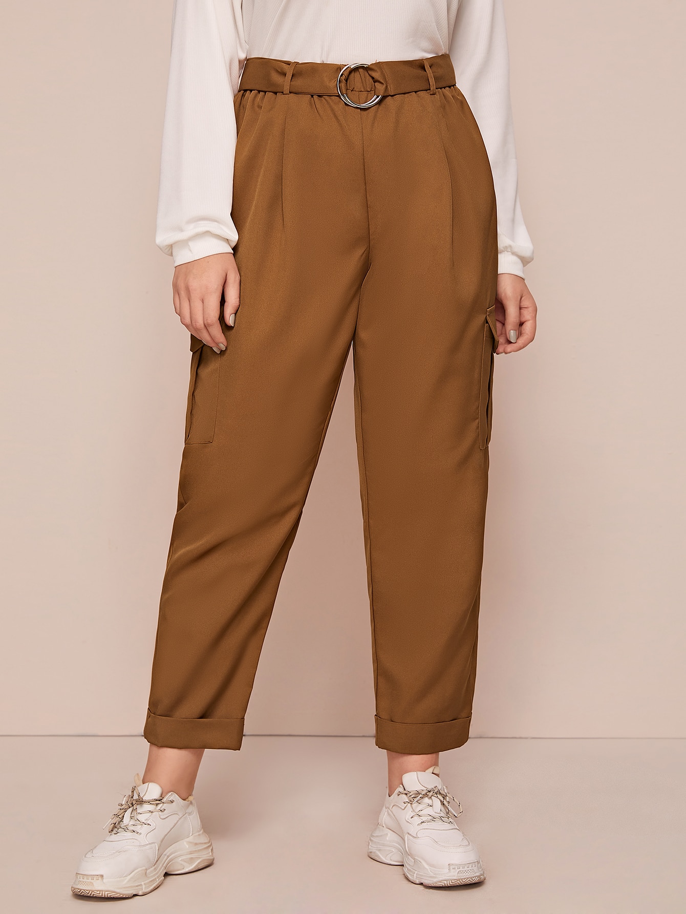 Plus Elastic Waist Flap Pocket Belted Cuffed Pants thumbnail