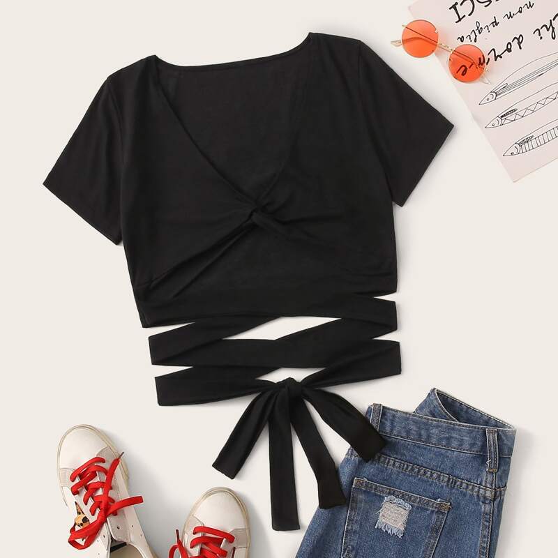 

Twist Front Self Tie Crop Top, Black