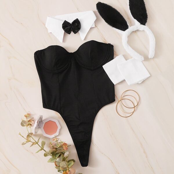 

Underwire Choker Teddy Bodysuit & Headband & Hand Cuff, Black and white