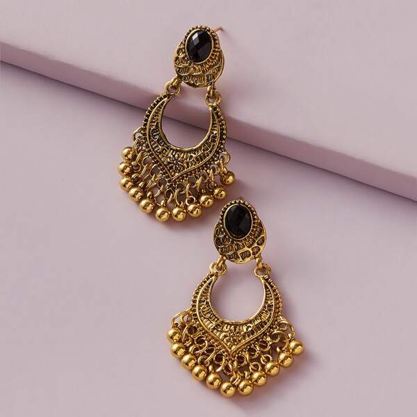 

1pair Tribal Textured Tassel Drop Earrings, Gold