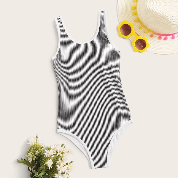 

Girls Striped One Piece Swimwear, Black and white
