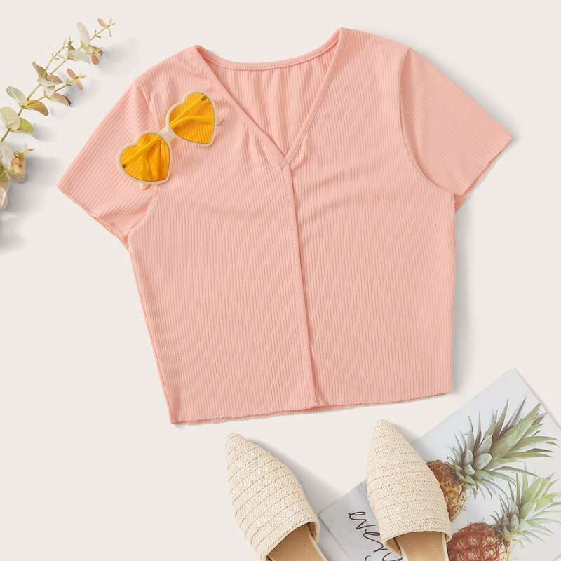 

V-neck Ribbed Pink Tee