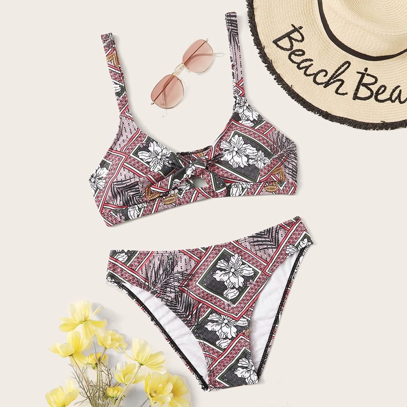 

Floral & Aztec Top With Low Rise Bikini Set, Multicolor