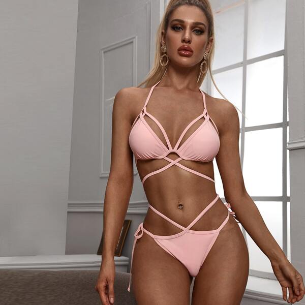 

Harness Lace Up Side Bikini Swimsuit, Pink