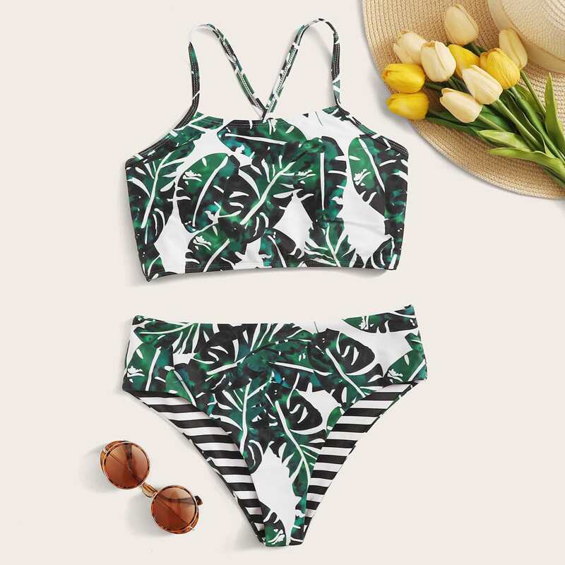 

Leaf Print Top With High Waist Bikini Set, Multicolor