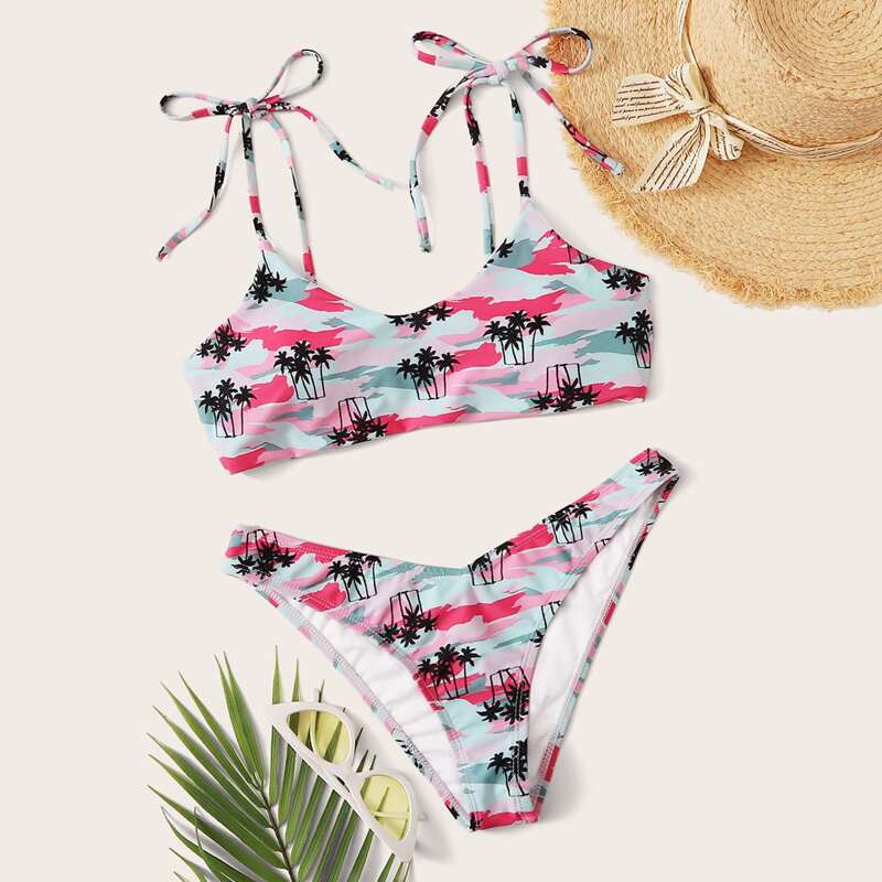 

Tropical Tie Shoulder Top With High Cut Bikini, Multicolor