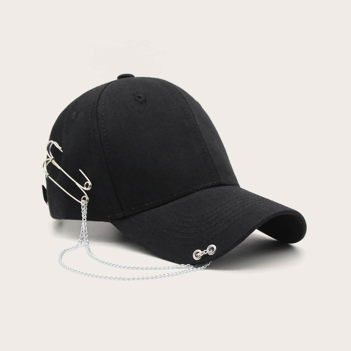 

Safety Pin & Chain Decor Baseball Cap, Black