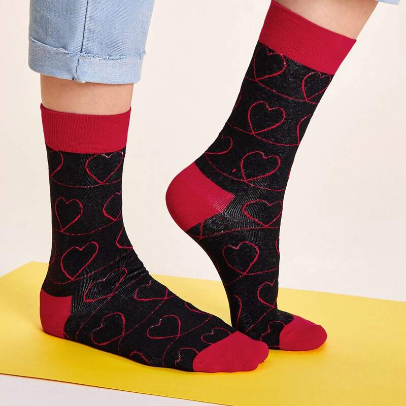 

1pair Heart Pattern Socks, Black