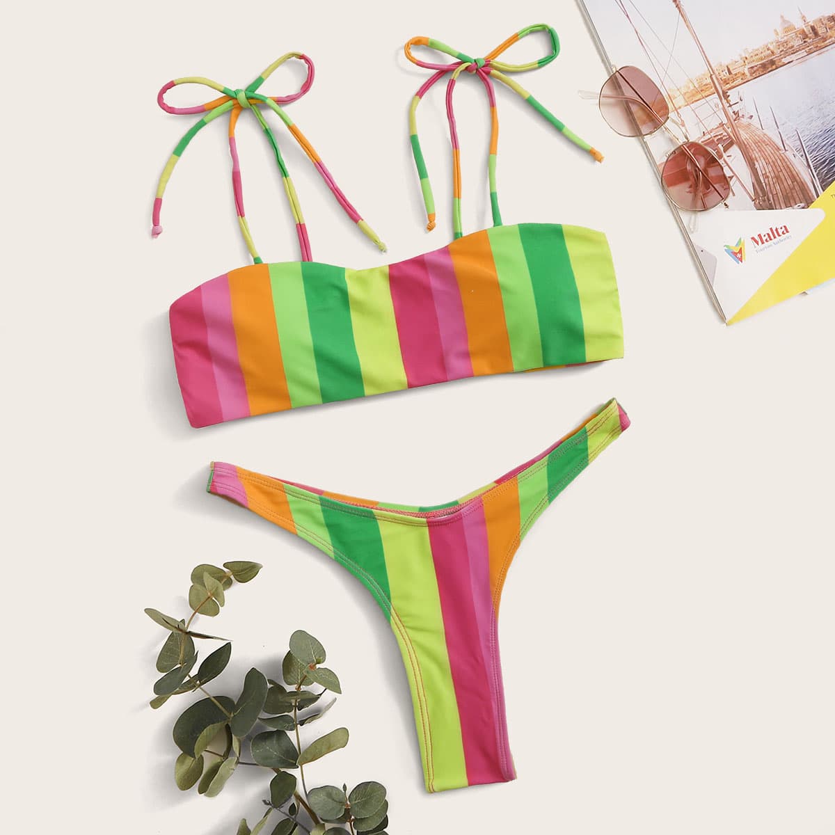 

Striped Tie Strap High Leg Bikini Swimsuit, Multicolor
