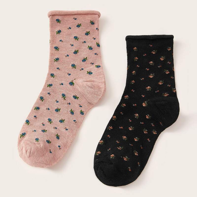 

2pairs Ditsy Floral Pattern Socks, Multicolor