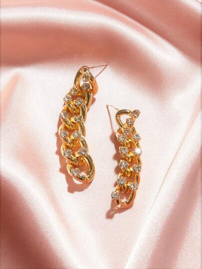 1pair Rhinestone Engraved Link Drop Earrings