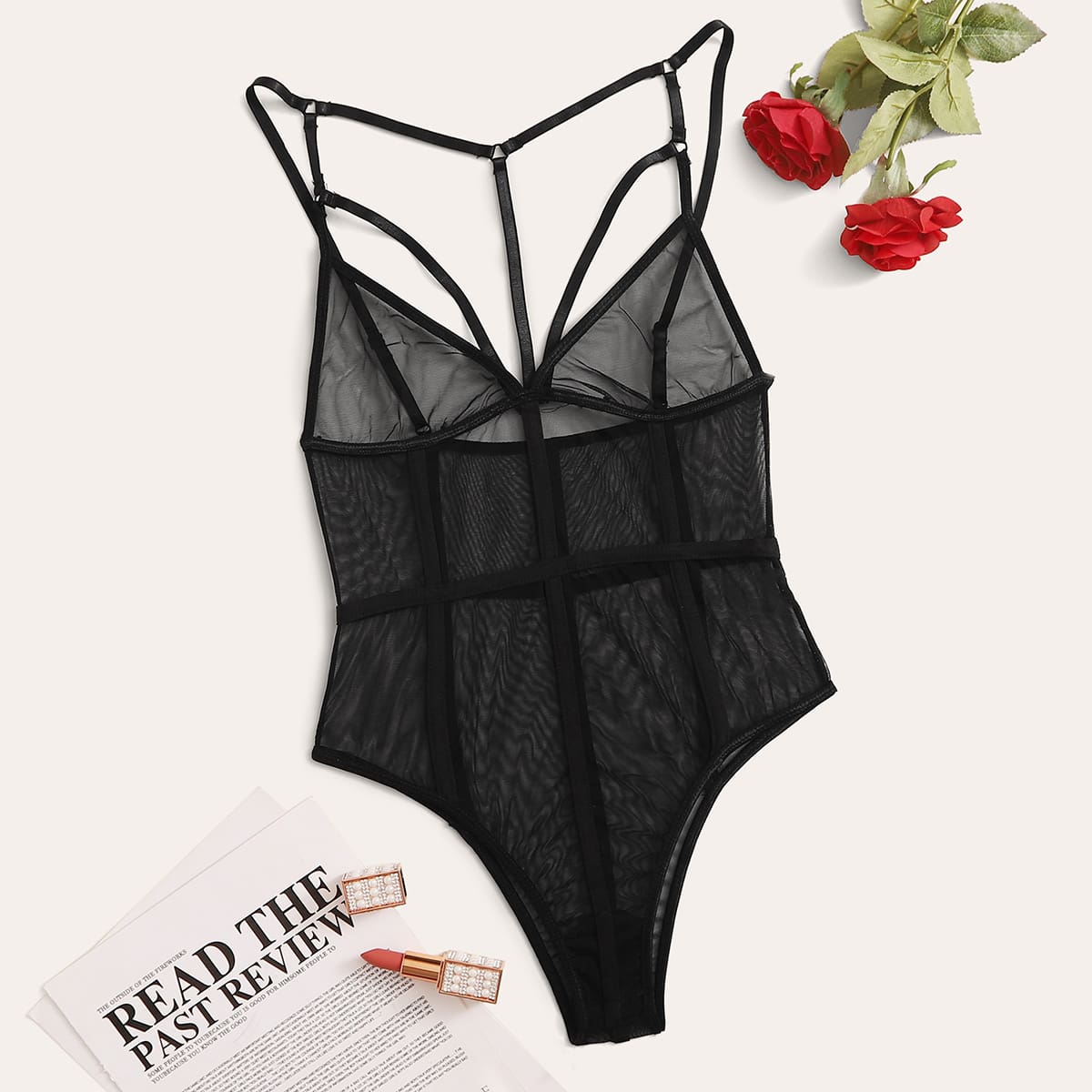 

Sheer Mesh Harness Teddy Bodysuit, Black