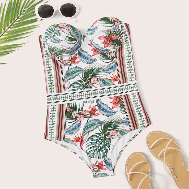 

Tropical Underwire Bandeau One Piece Swimwear, Multicolor