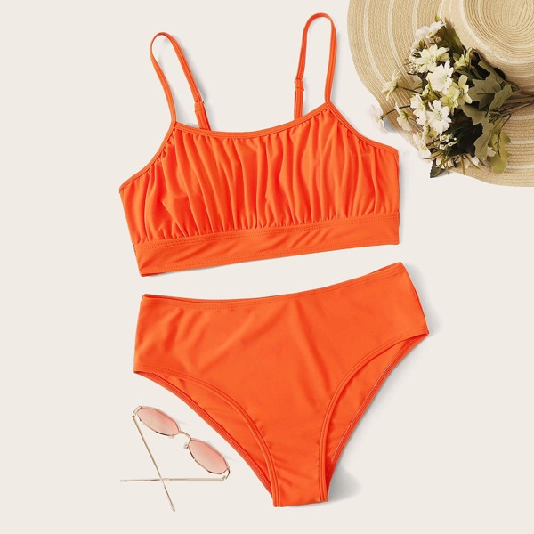 

Ruched Top With High Waist Bikini Set, Orange