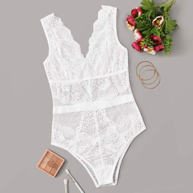 

Floral Lace Teddy Bodysuit, White