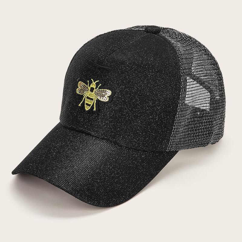 

Sequin & Bee Pattern Baseball Cap, Black