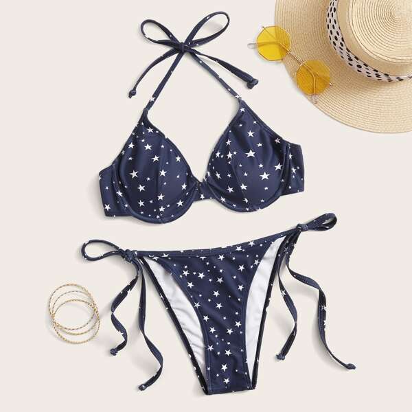 

Star Print Underwire Halter Top With Tie Side Bikini, Navy