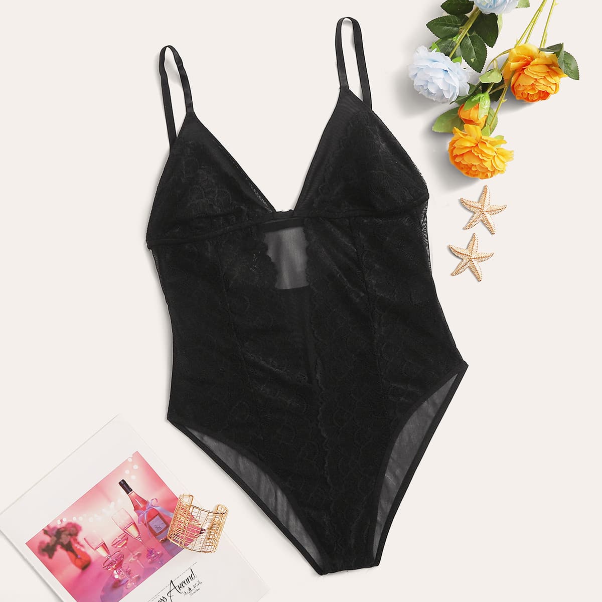 

Floral Lace Teddy Bodysuit, Black