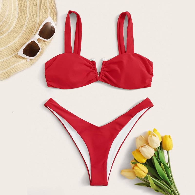 

Solid High Cut Bikini Swimsuit, Red