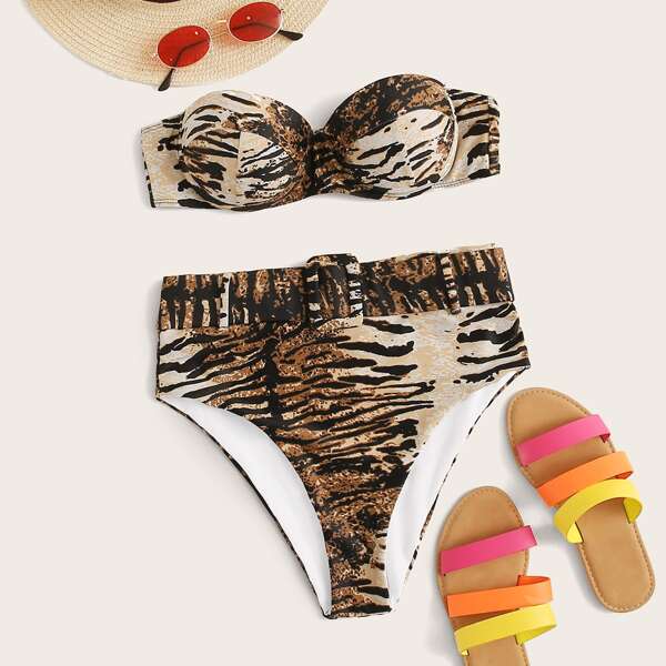 

Tiger Striped Random Pattern High Waisted Bikini Swimsuit, Multicolor